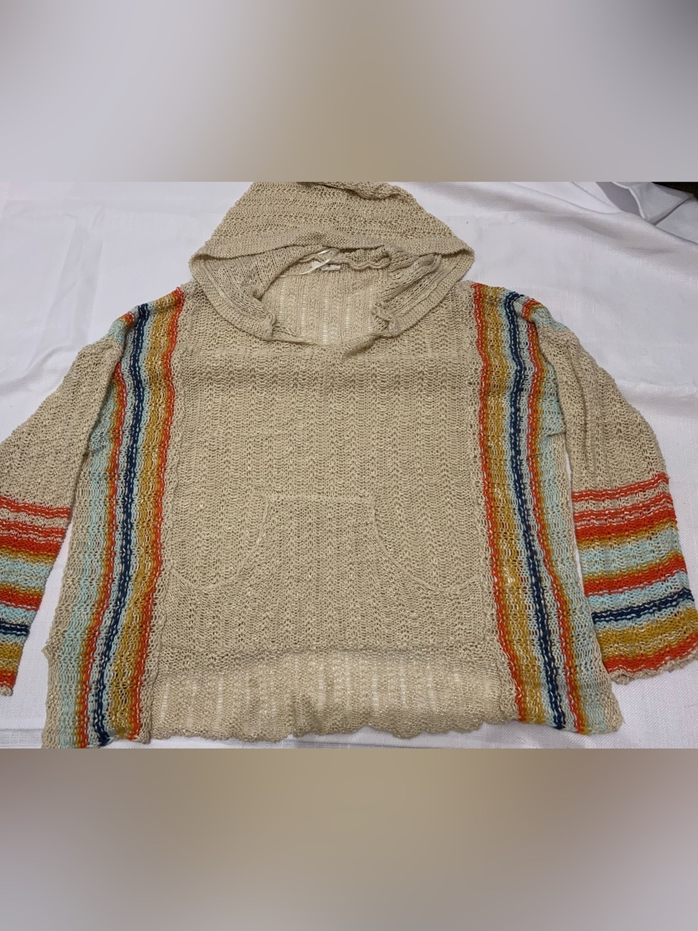 Cream Hooded Knit Poncho with Rainbow Stripe Trim